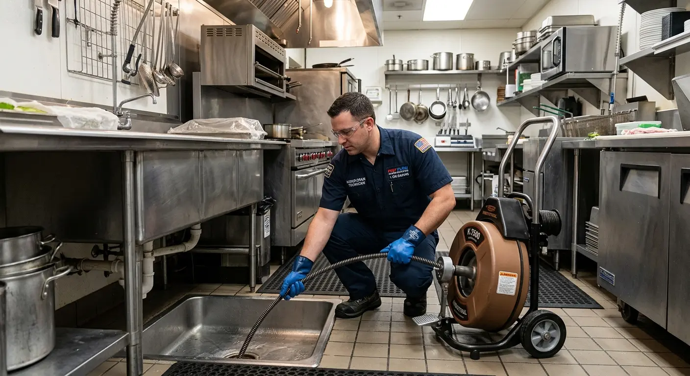 Commercial drain cleaning service in a restaurant kitchen in McFarland