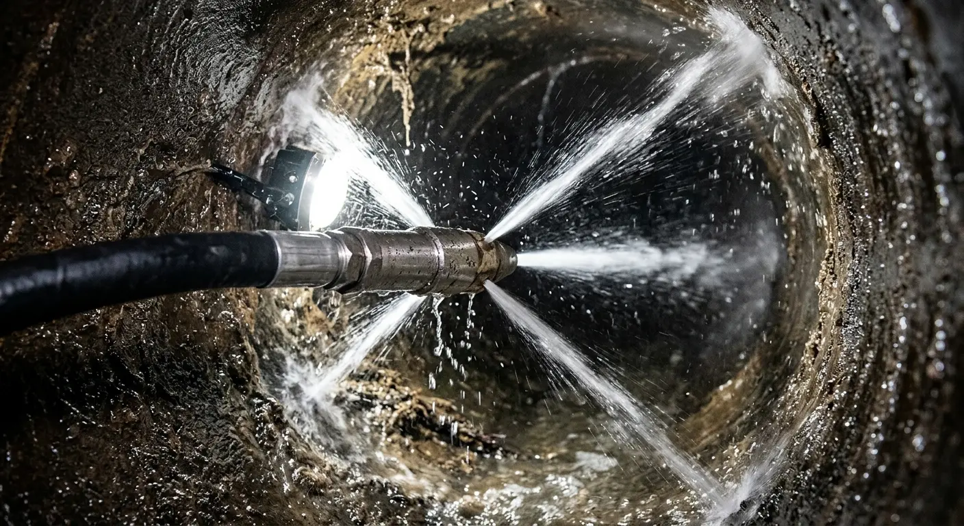 High-pressure hydro jetting nozzle cleaning sewer pipe for Emergency Drain Service in McFarland