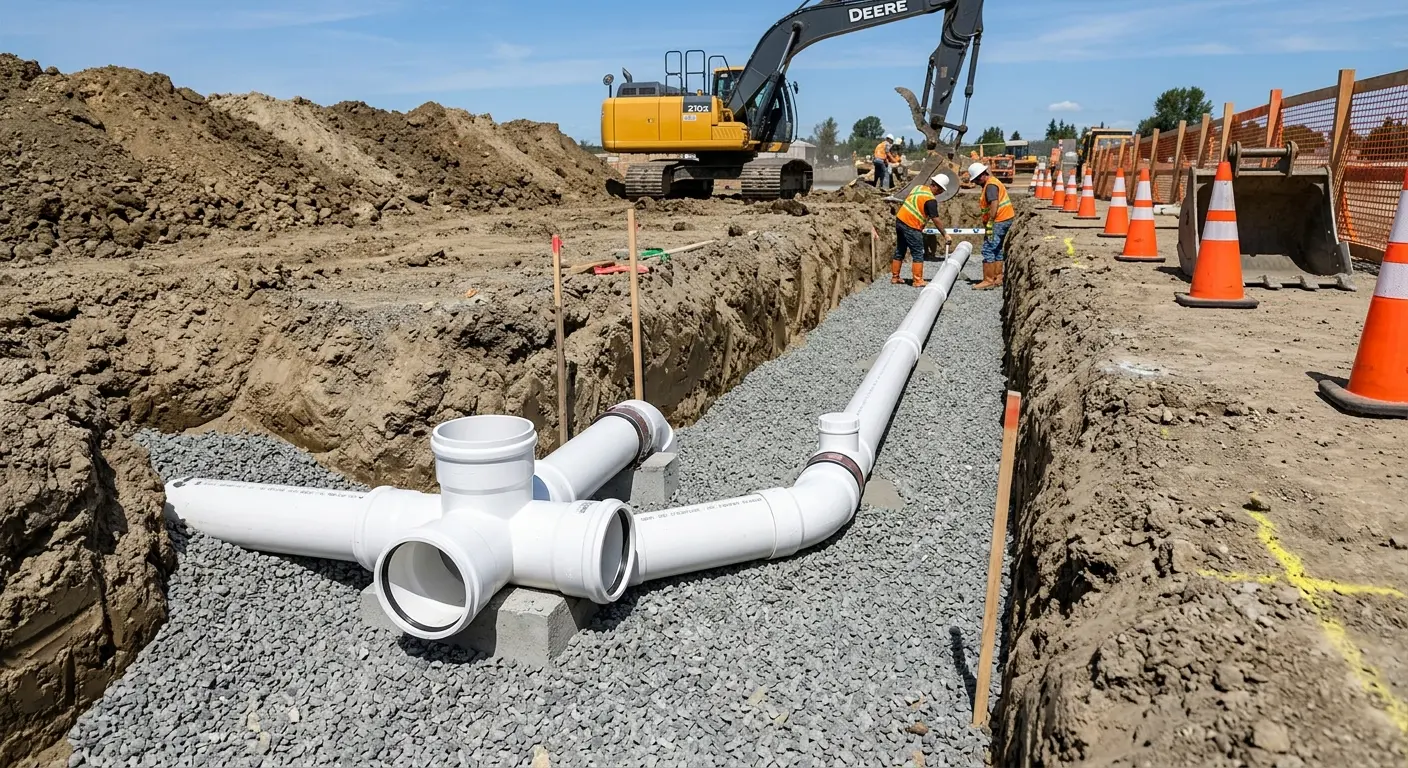 New PVC sewer pipe installation in open trench for Grease Trap Cleaning in McFarland
