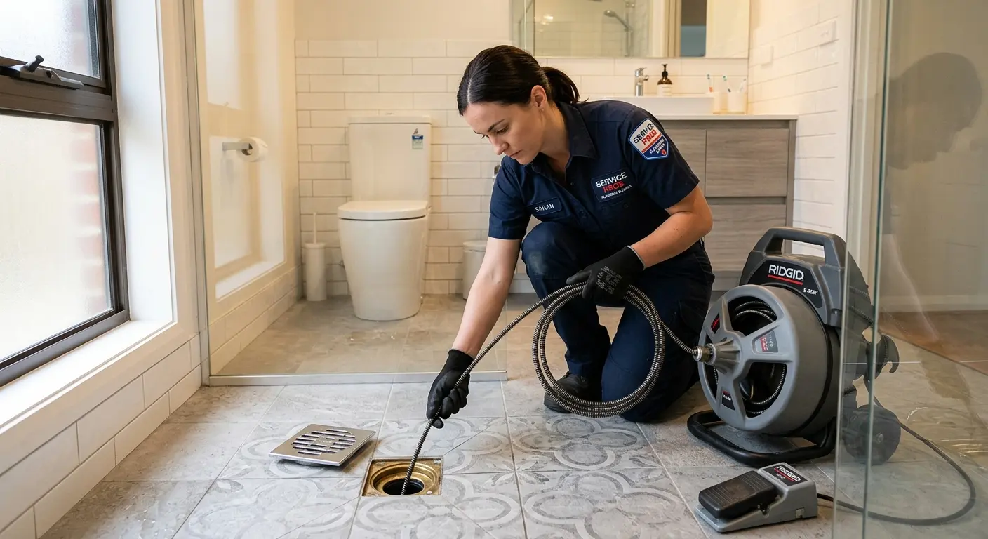 Technician clearing a bathroom floor drain for Drain Repair in McFarland